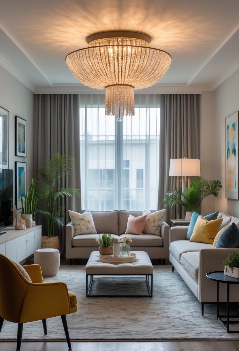 A living room with a large decorative pendant light hanging from the ceiling, featuring comfortable seating, a coffee table, plants, and artwork on the walls.