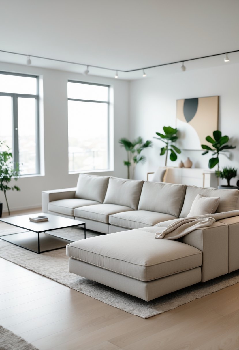 A living room with a low-profile sectional sofa, coffee table, plants, and large windows letting in natural light.