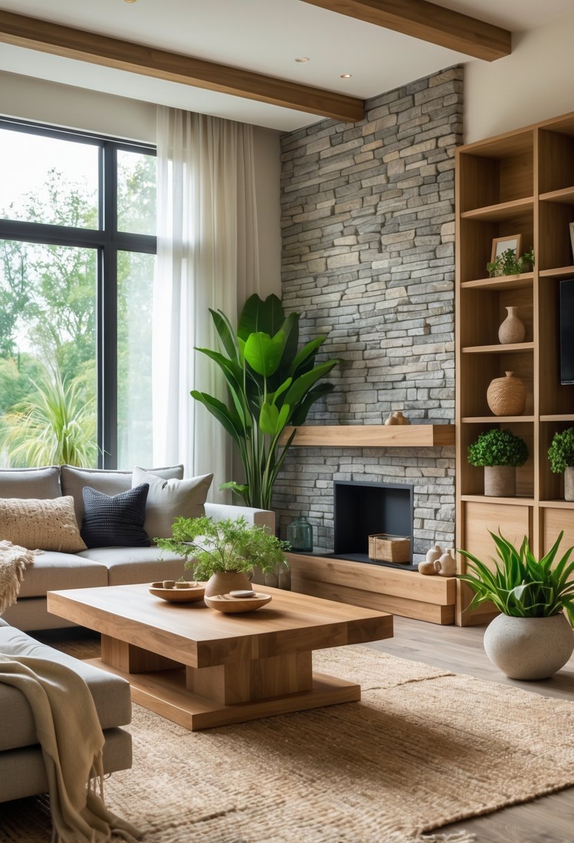 A living room with wooden furniture, a stone accent wall, plants, and natural light coming through large windows.