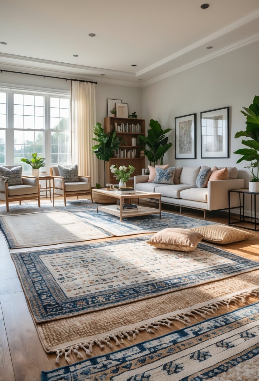 A living room with layered rugs on the floor, a sofa, armchairs, a coffee table, plants, and artwork on the walls.