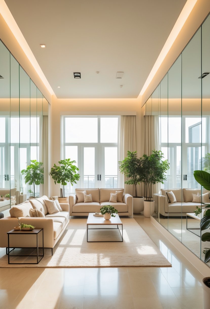 A spacious living room with large mirrors reflecting natural light, a sofa, coffee table, and plants.