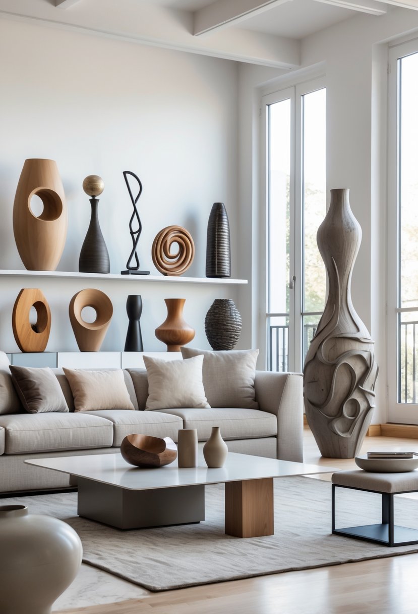 A bright living room with a sofa, coffee table, and various artistic sculptural decor pieces displayed on shelves and tables.