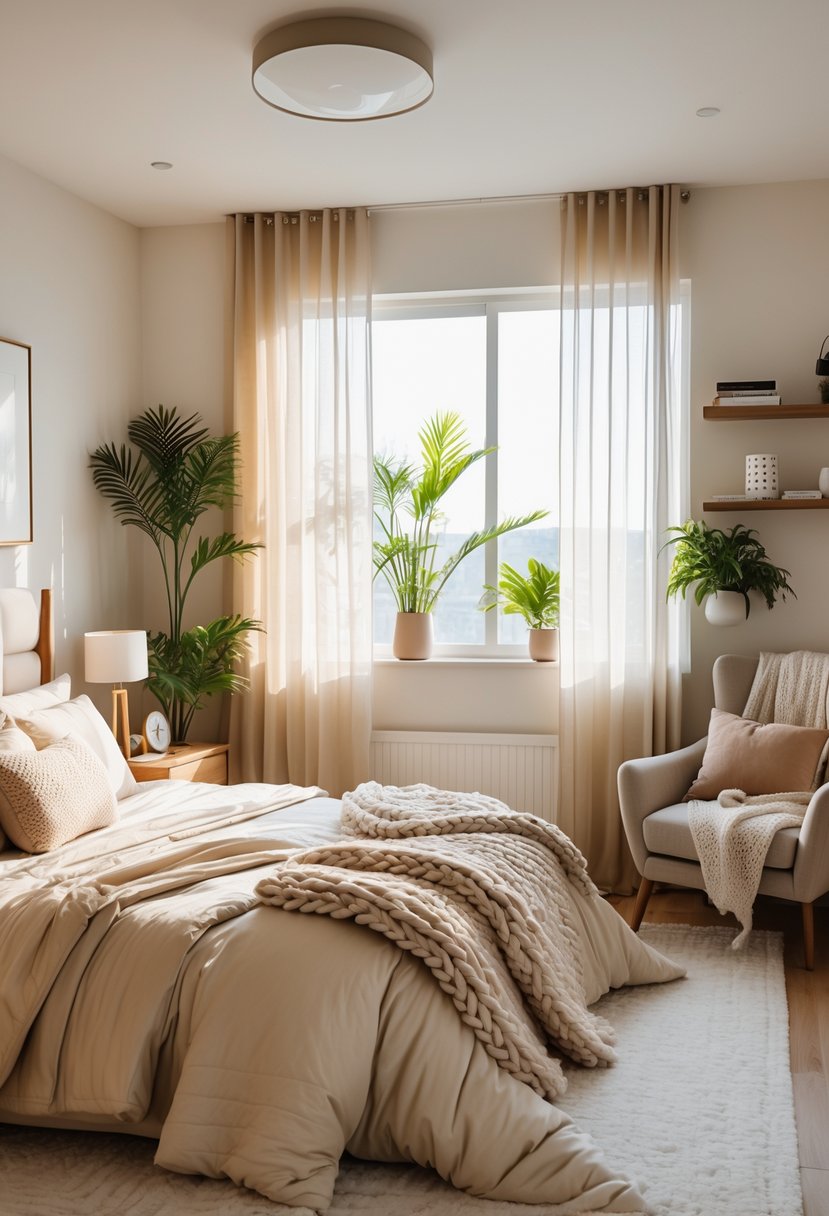 A cozy bedroom with a large bed, soft bedding, bedside tables, a chair by the window, plants, and warm natural light.