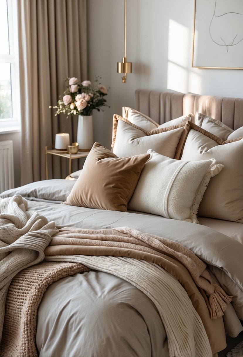 A neatly made bed with layered blankets and plush pillows in a softly lit bedroom.