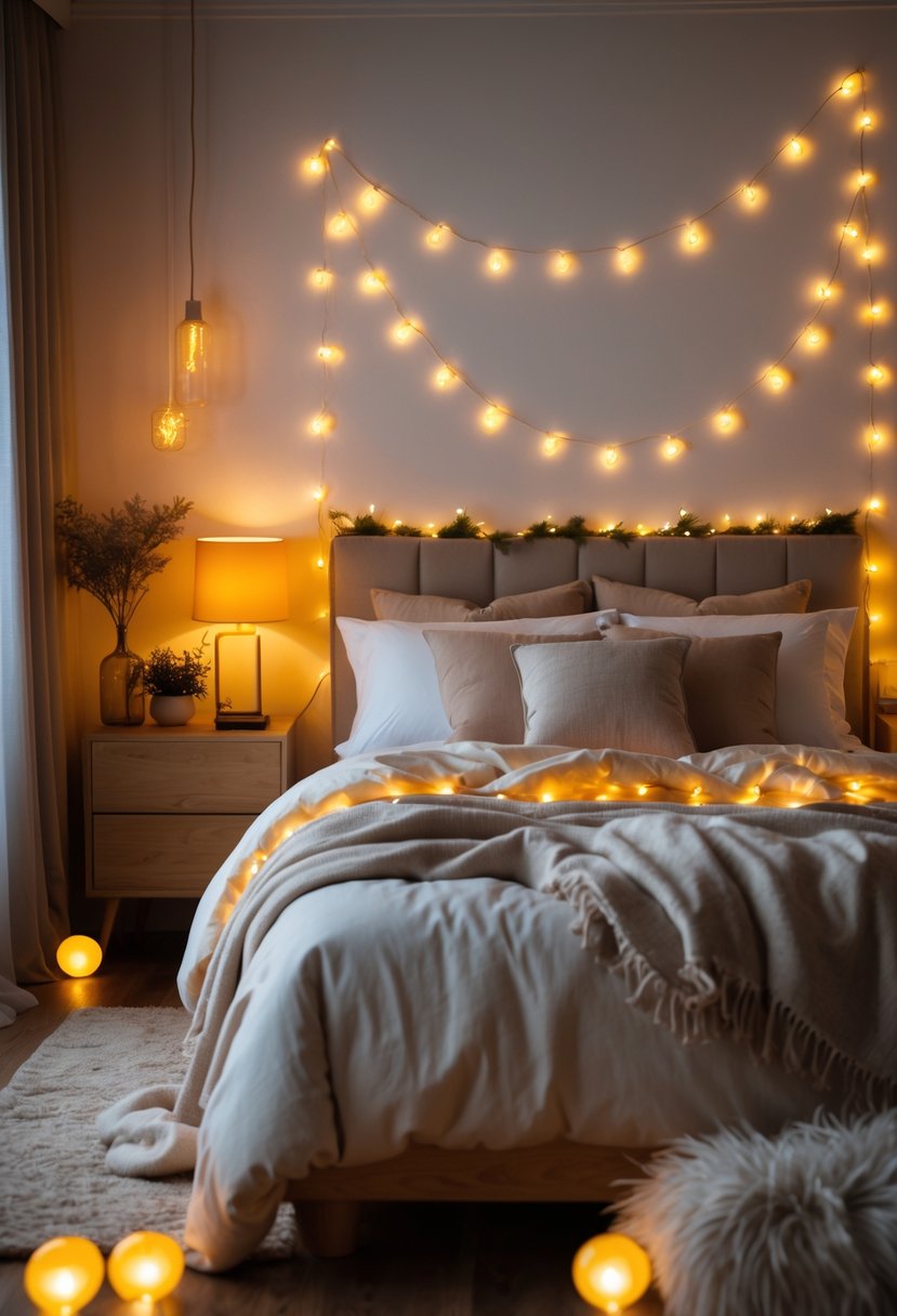 A cozy bedroom with warm fairy lights and amber lamps illuminating a neatly made bed surrounded by wooden furniture and plants.