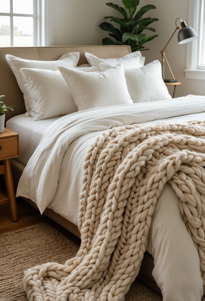 A bedroom with a neatly made bed and a chunky knit blanket draped at the foot, surrounded by soft natural light and cozy decor.