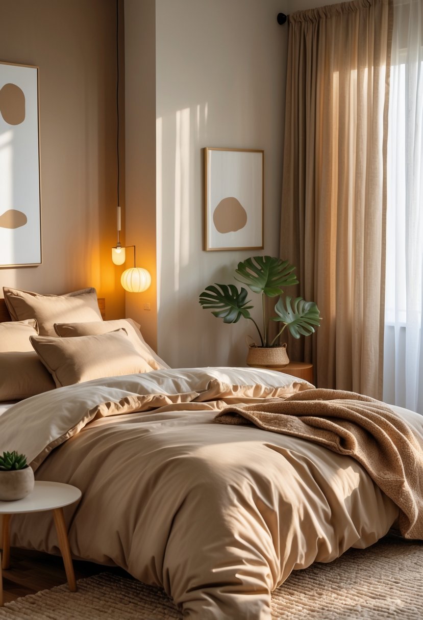 A cozy bedroom with a comfortable bed, soft pillows, warm lighting, wooden furniture, and a small plant.