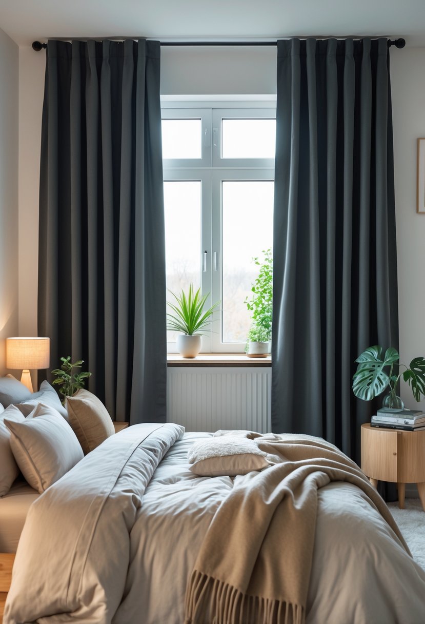 A cozy bedroom with blackout curtains drawn over a window, a neatly made bed, and soft lighting creating a restful atmosphere.