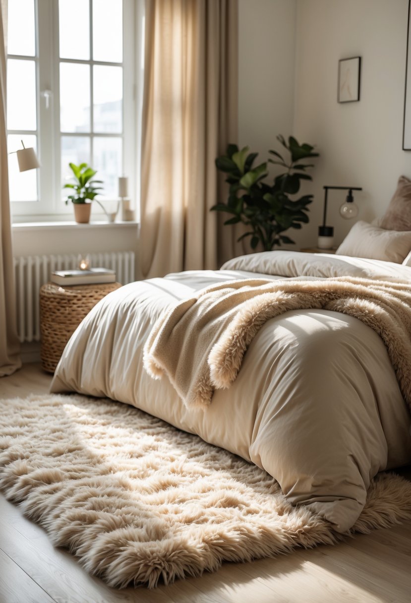 A cozy bedroom with a soft shag rug next to a neatly made bed and warm natural lighting.