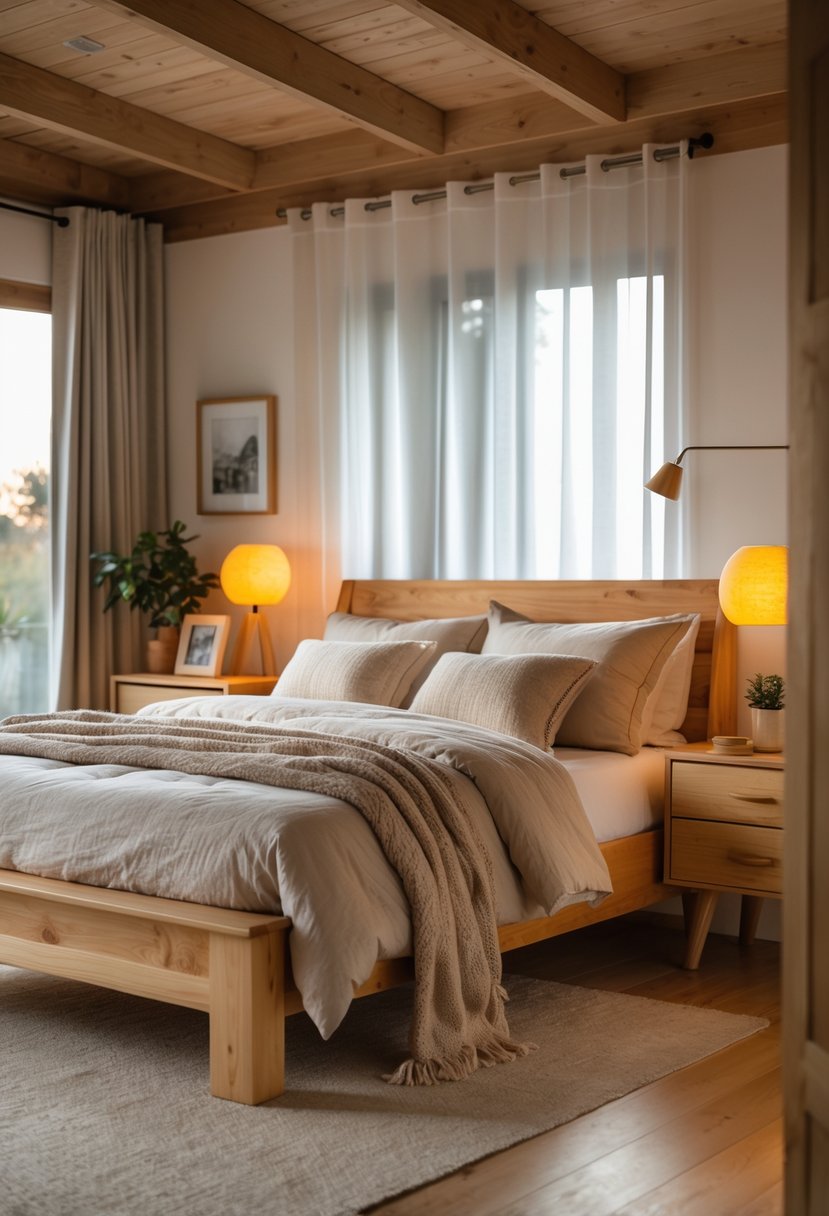 A cozy bedroom with a wooden bed, nightstand, dresser, and soft natural light coming through the window.