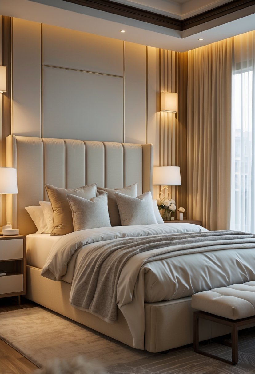 A cozy bedroom with a large upholstered headboard, neatly made bed, bedside tables with lamps, and soft natural lighting.