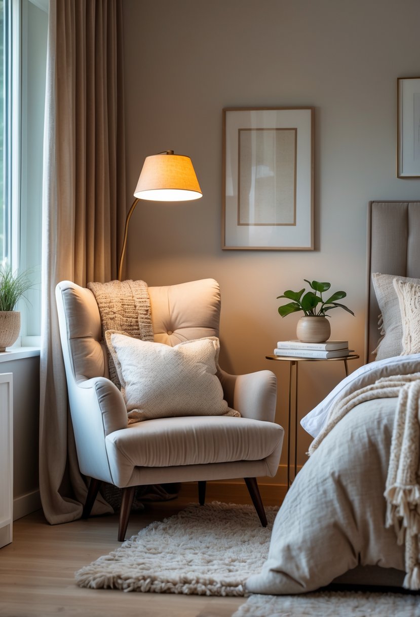 A cozy bedroom with a comfortable armchair and a floor lamp next to it, creating a peaceful reading nook.