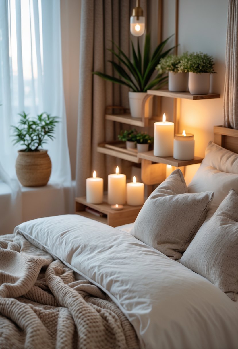 A cozy bedroom with a made bed, lit scented candles on bedside tables, soft lighting, and decorative plants creating a warm and peaceful atmosphere.