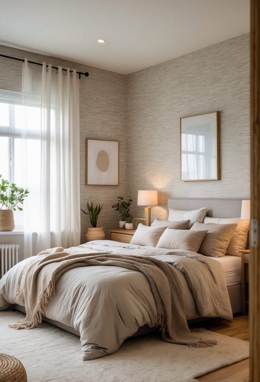 A cozy bedroom with a bed, textured wallpaper, bedside tables, lamps, plants, and soft natural lighting.