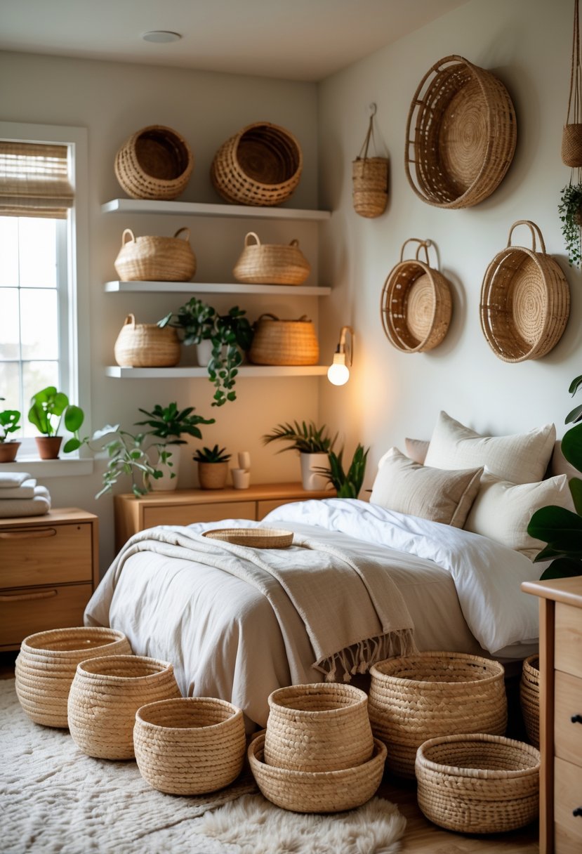 Cozy bedroom with a bed, wooden furniture, and multiple woven baskets used for storage and decoration.