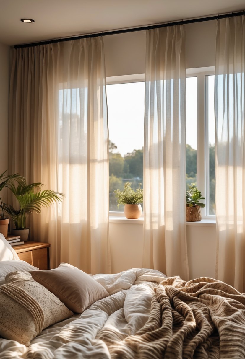 A cozy bedroom with large windows covered by sheer curtains softly diffusing natural light, featuring a neatly made bed with cushions and warm decor.