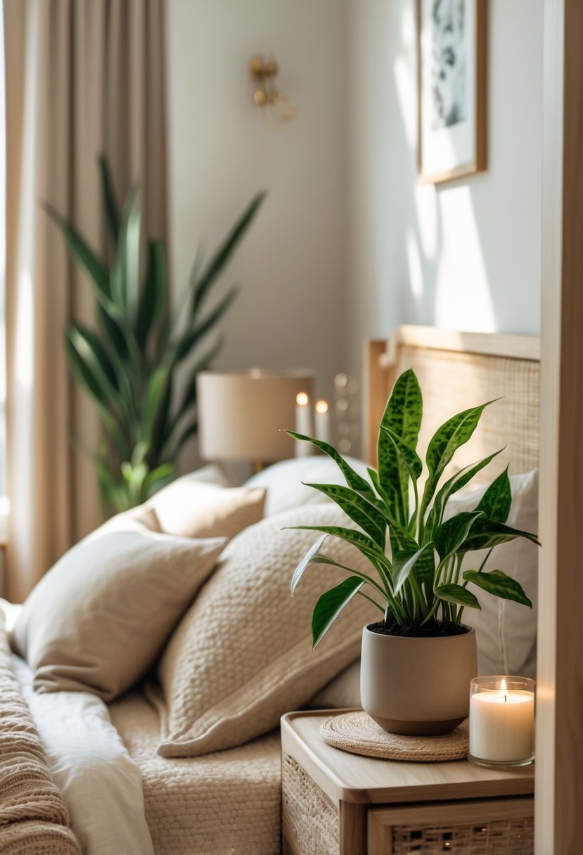 A cozy bedroom with a small indoor plant on a bedside table next to a neatly made bed.