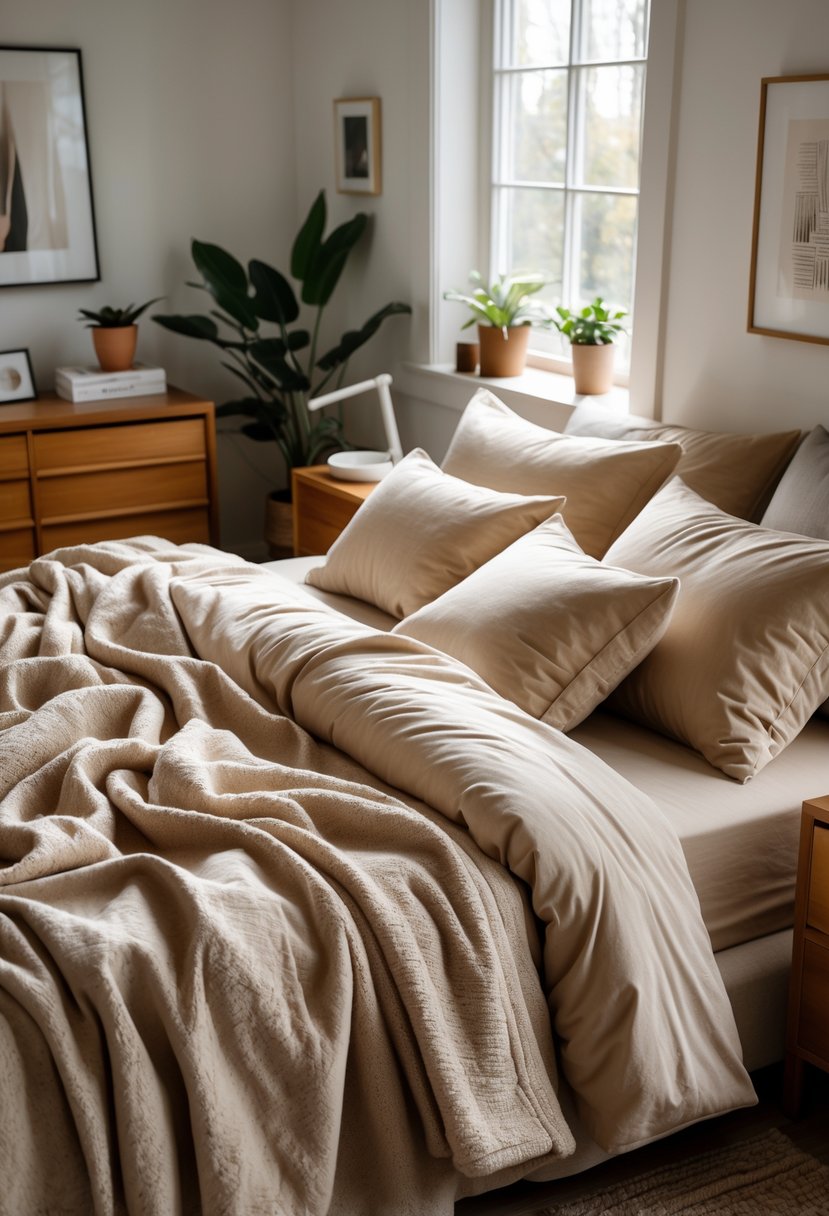 A cozy bedroom with a neatly made bed featuring soft sheets and pillows, warm lighting, wooden furniture, and simple decor.