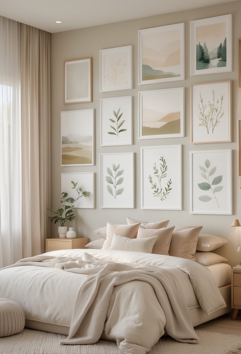 A cozy bedroom with a large gallery wall displaying over 15 pieces of calming artwork and photography above a bed with pillows and blankets, softly lit by natural light.