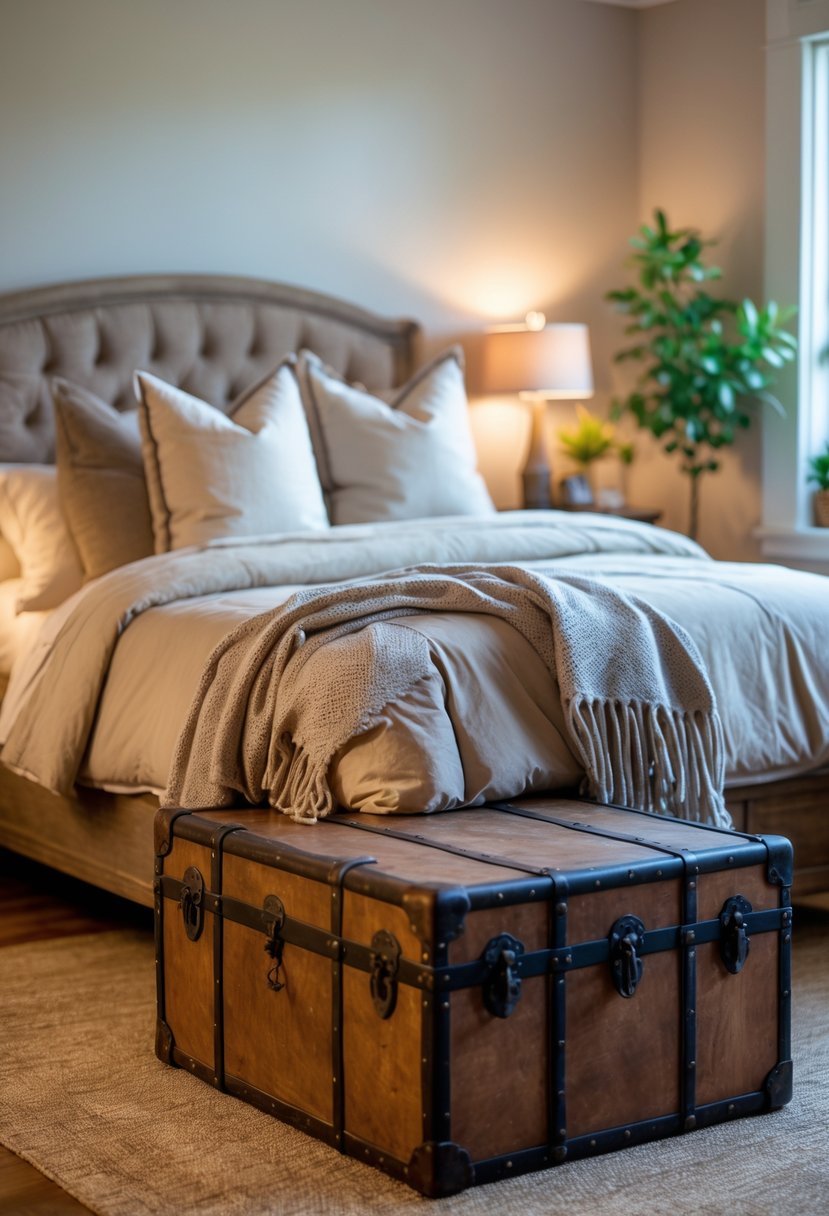 A cozy bedroom with a neatly made bed and a vintage trunk at the foot of the bed.