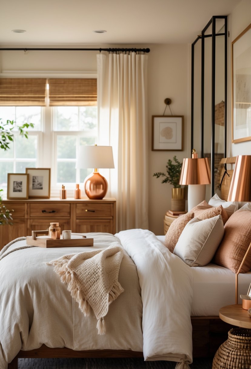 A cozy bedroom with a bed, warm lighting, and brass and copper decorative accents.