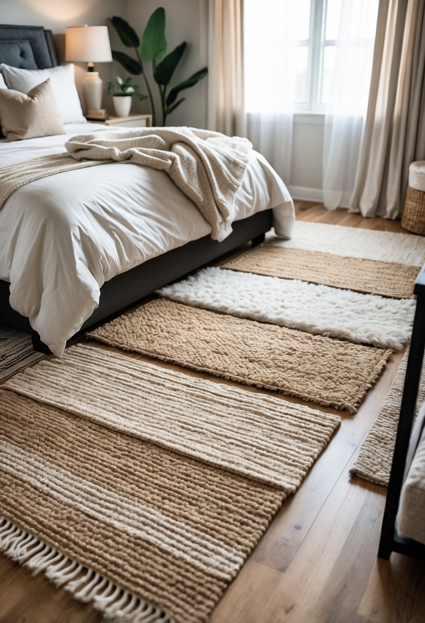 A cozy bedroom with a bed and multiple layered rugs of different textures on the floor.