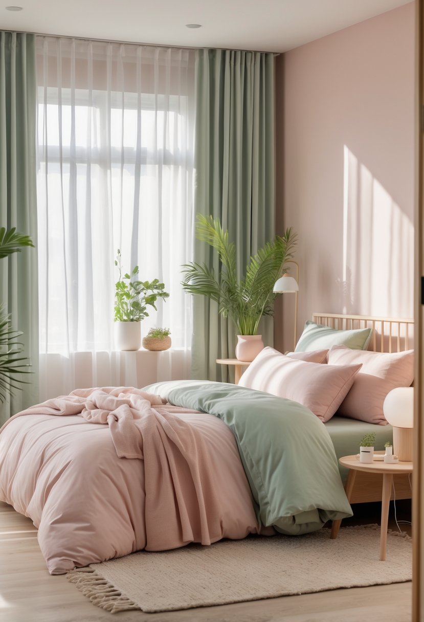 A cozy bedroom with a neatly made bed, soft pillows, plants, and warm natural light.