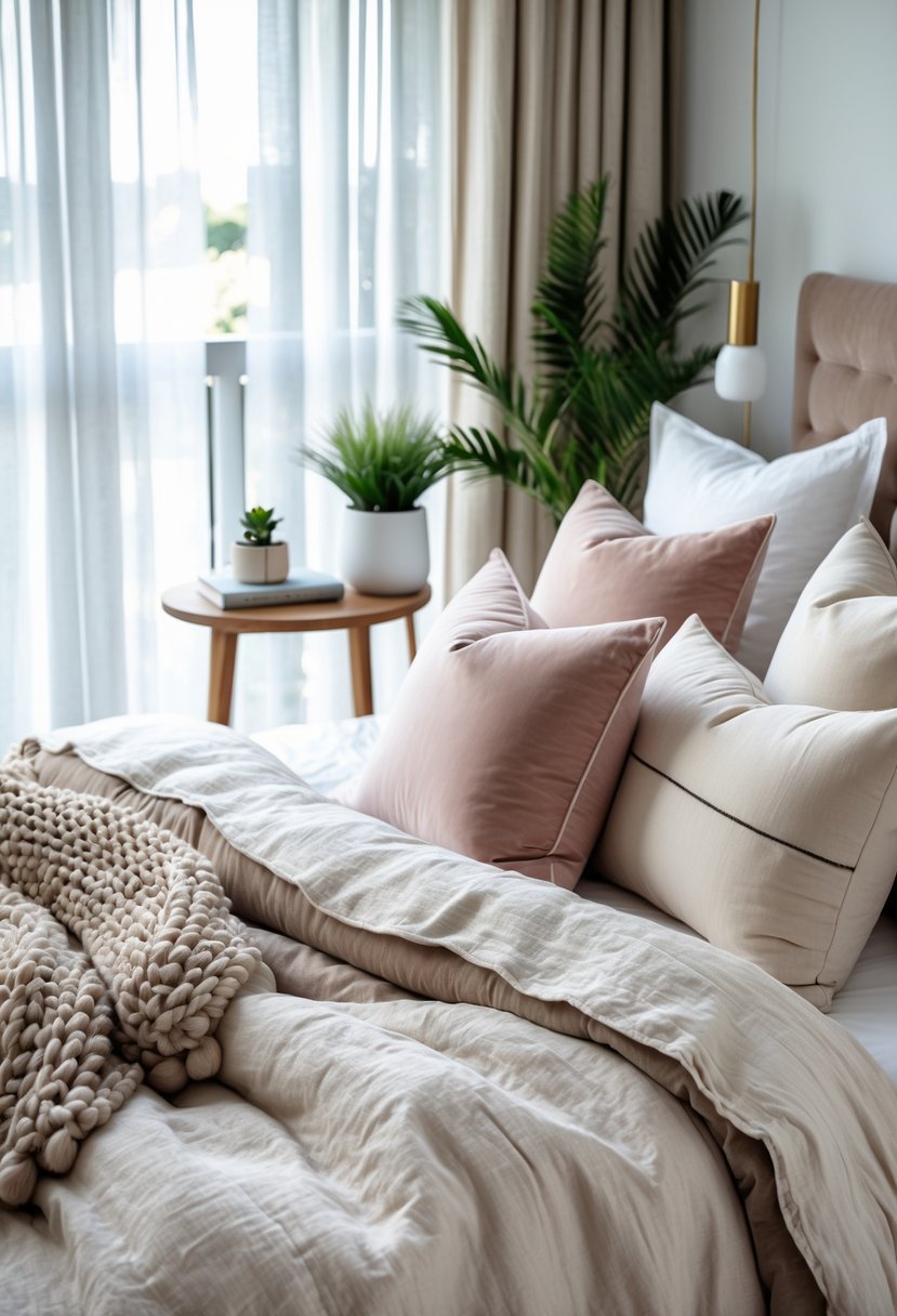 A cozy bedroom with a bed covered in velvet cushions and linen pillows, soft blankets, a wooden bedside table with a plant, and natural light coming through sheer curtains.