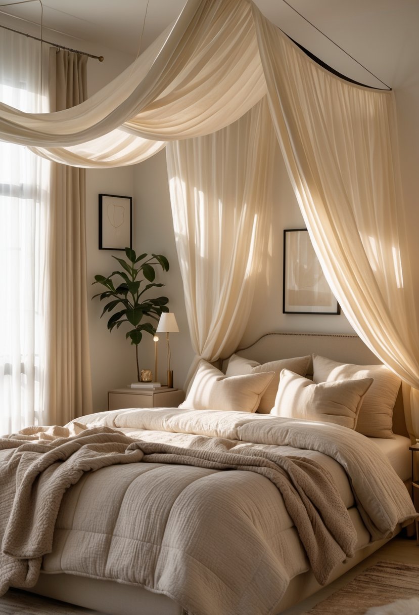 A cozy bedroom with a bed featuring a soft canopy draped above it, warm natural light, and simple decor.