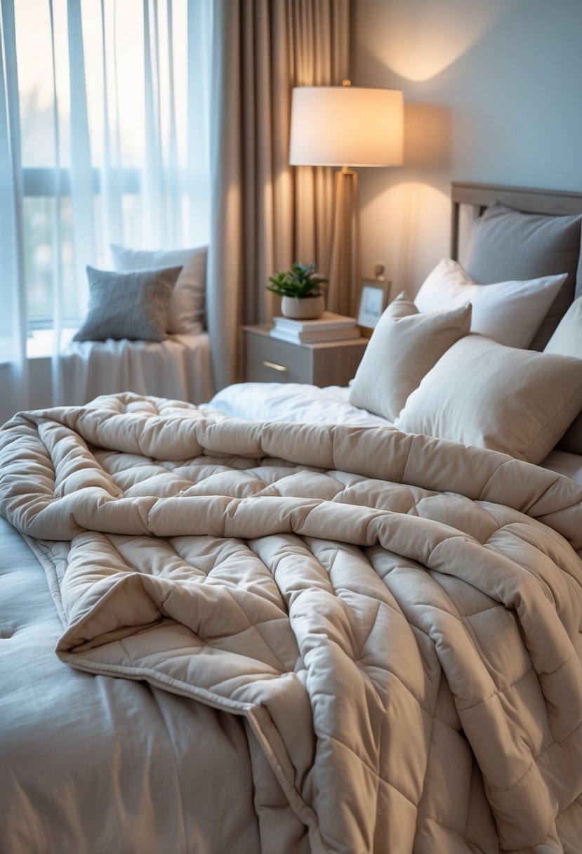 A cozy bedroom with a bed covered by a textured weighted blanket, soft pillows, a bedside lamp, and natural light coming through sheer curtains.