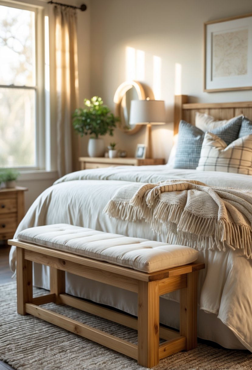 A cozy bedroom with a wooden bench that has a cushioned seat placed at the foot of a bed, surrounded by soft bedding and warm lighting.