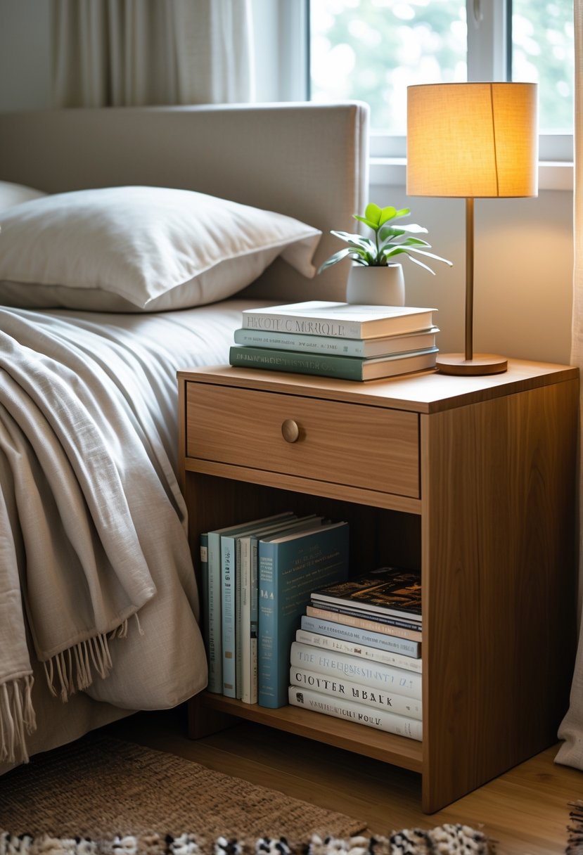 A bedside table next to a bed with books and magazines arranged on it in a cozy bedroom.