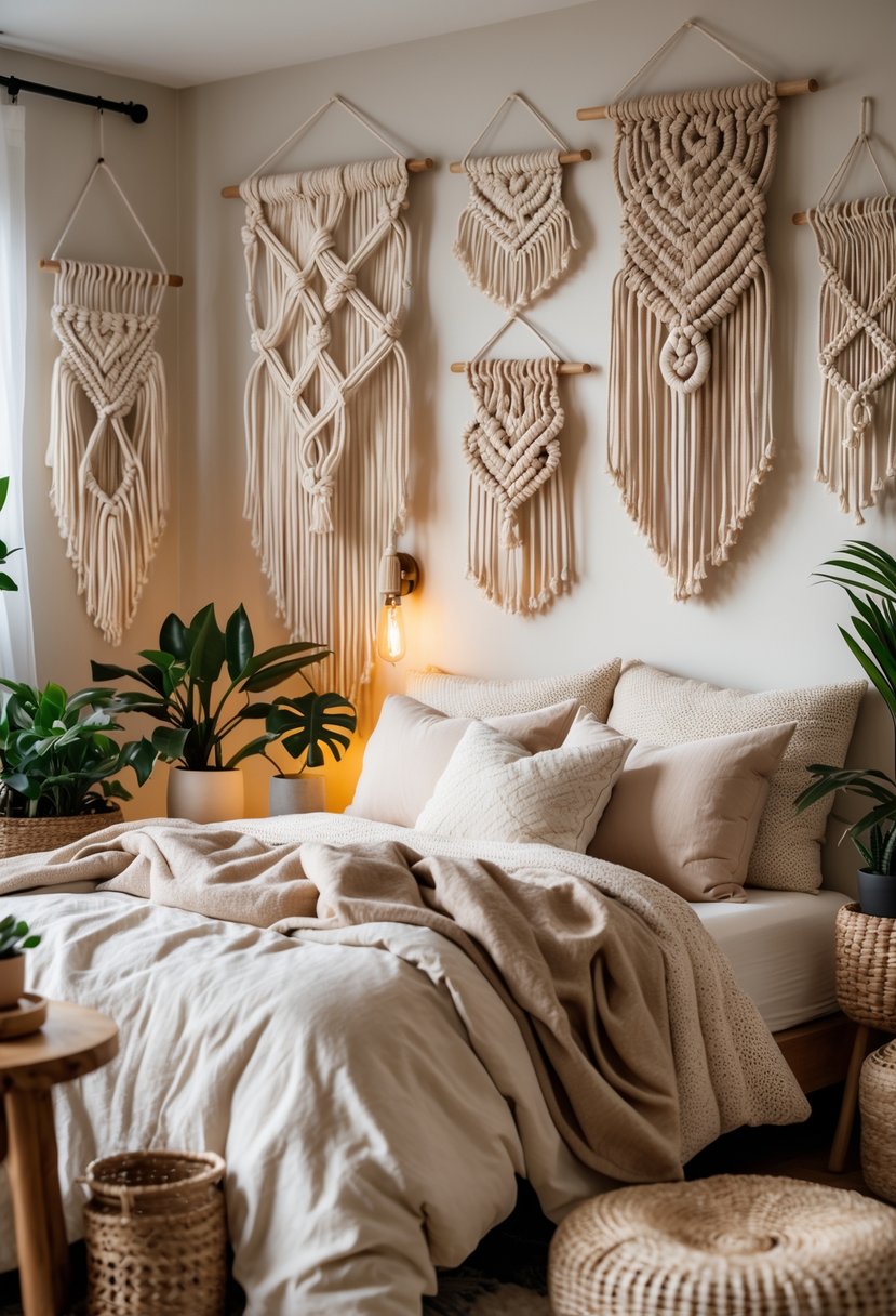 A cozy bedroom with a bed, soft pillows, plants, and several macramé wall hangings displayed on the walls.