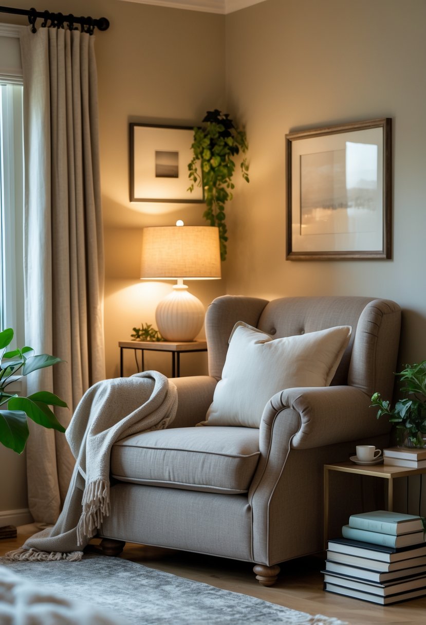 A deep armchair in the corner of a cozy bedroom with warm lighting and soft furnishings.