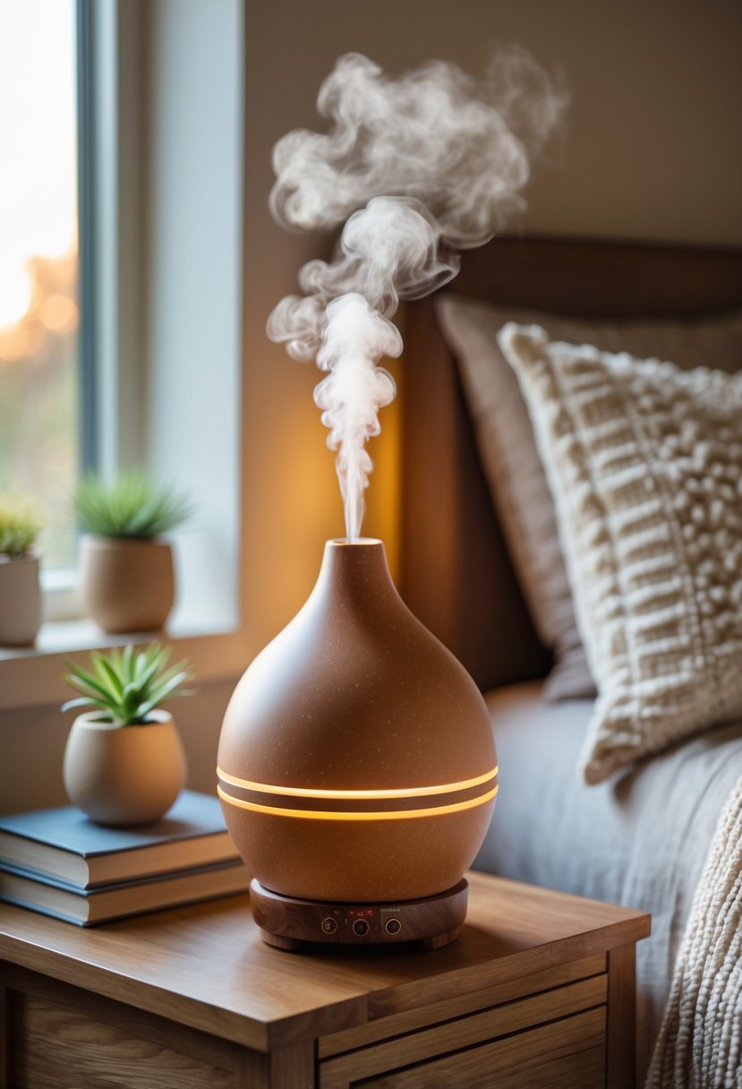 A warm ceramic essential oil diffuser on a nightstand in a cozy bedroom with soft lighting and comfortable bedding.