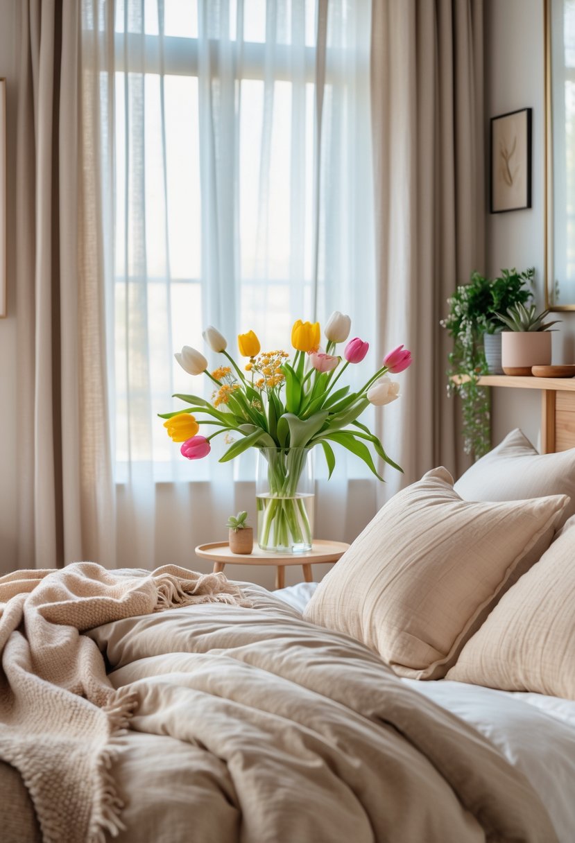 A cozy bedroom with a neatly made bed, fresh flowers in a vase on a bedside table, soft natural light, and warm decor.