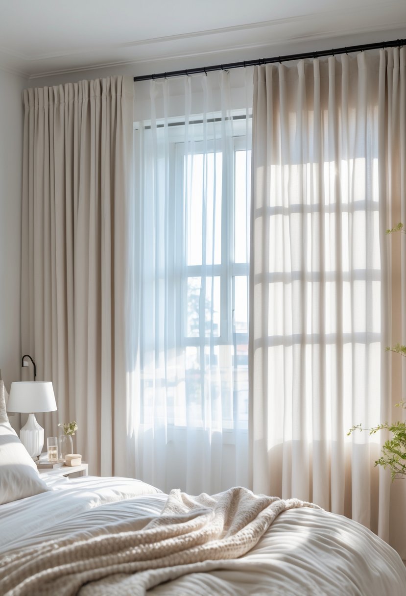 A cozy bedroom with layered sheer and blackout curtains, a made bed, and soft natural light coming through the window.