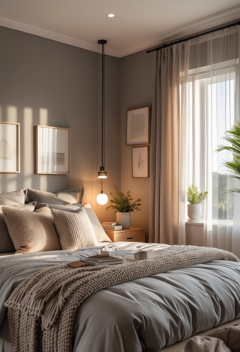 A cozy bedroom with a bed, soft bedding, nightstands, lamps, and natural light coming through curtains.