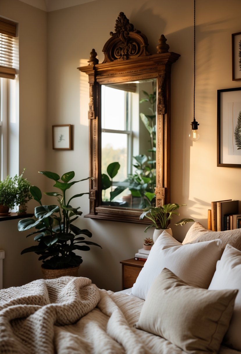 A cozy bedroom with a made bed, an antique mirror reflecting light, plants, and decorative items.