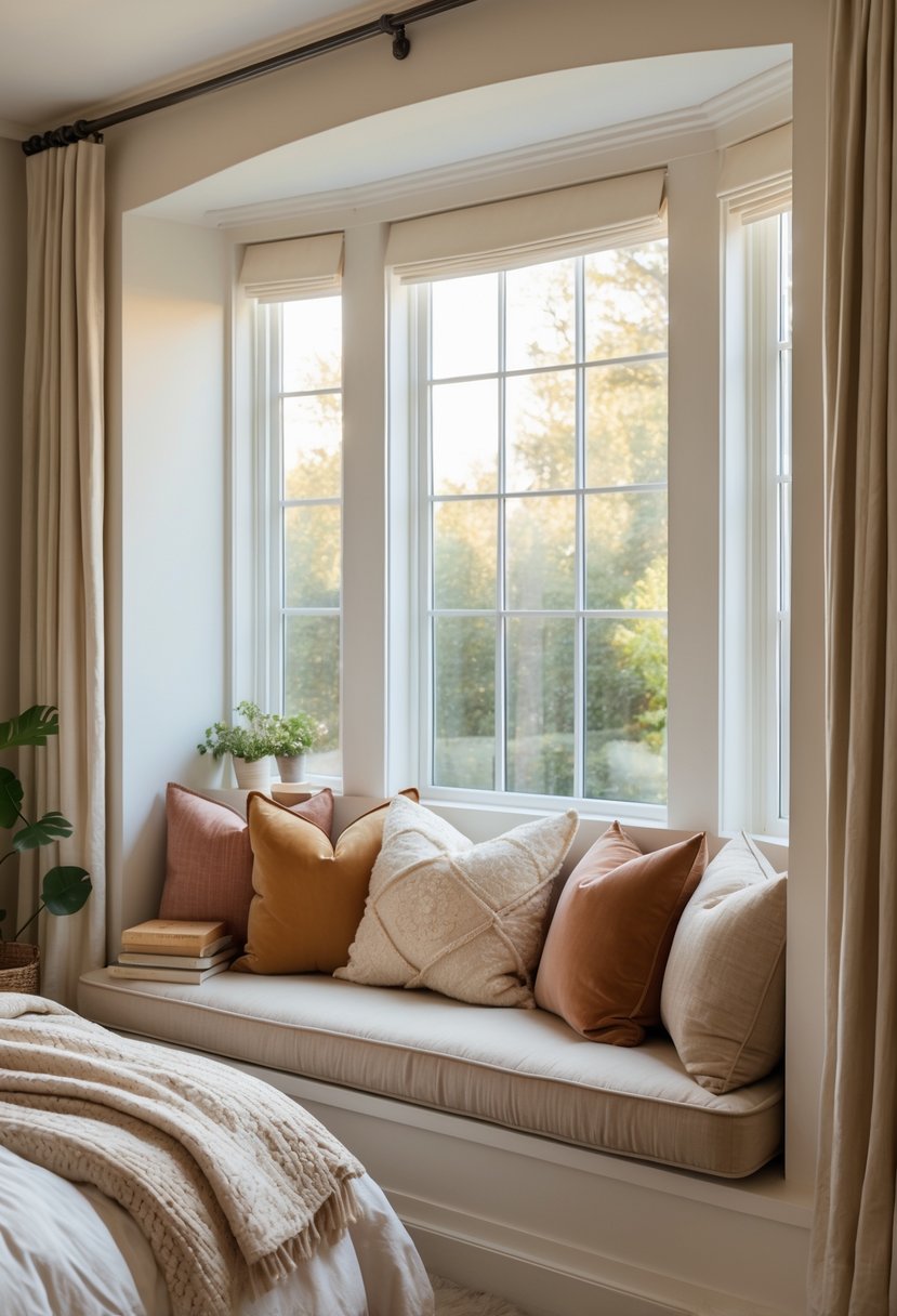 A cozy bedroom with a window seat covered in cushions, bathed in natural light from large windows.