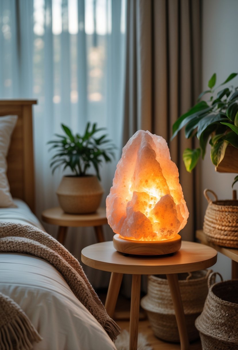 A cozy bedroom with a glowing Himalayan salt lamp on a bedside table next to a bed with pillows and a blanket, surrounded by natural decor and soft lighting.