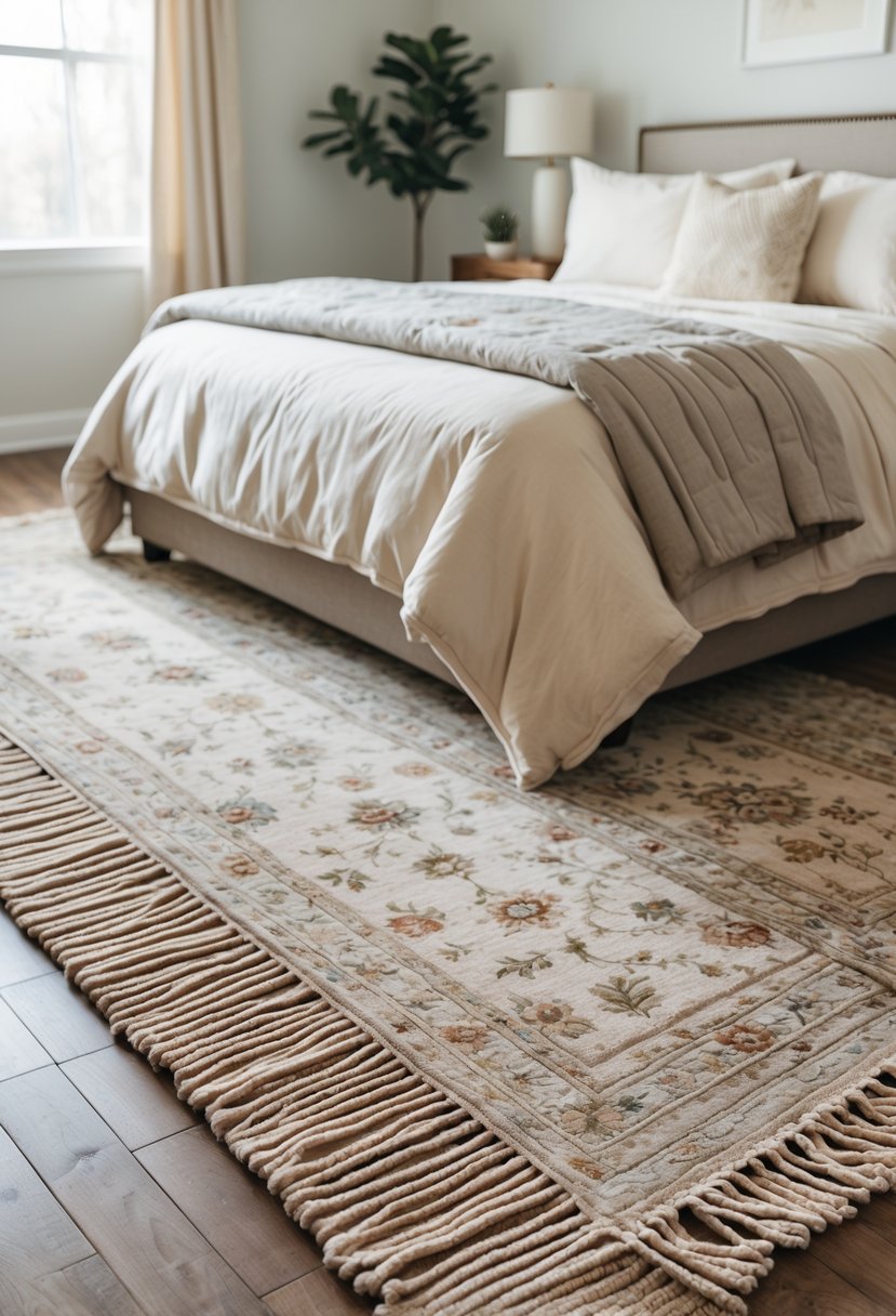 A bedroom with a bed and a large area rug extending beyond both sides of the bed on a wooden floor.