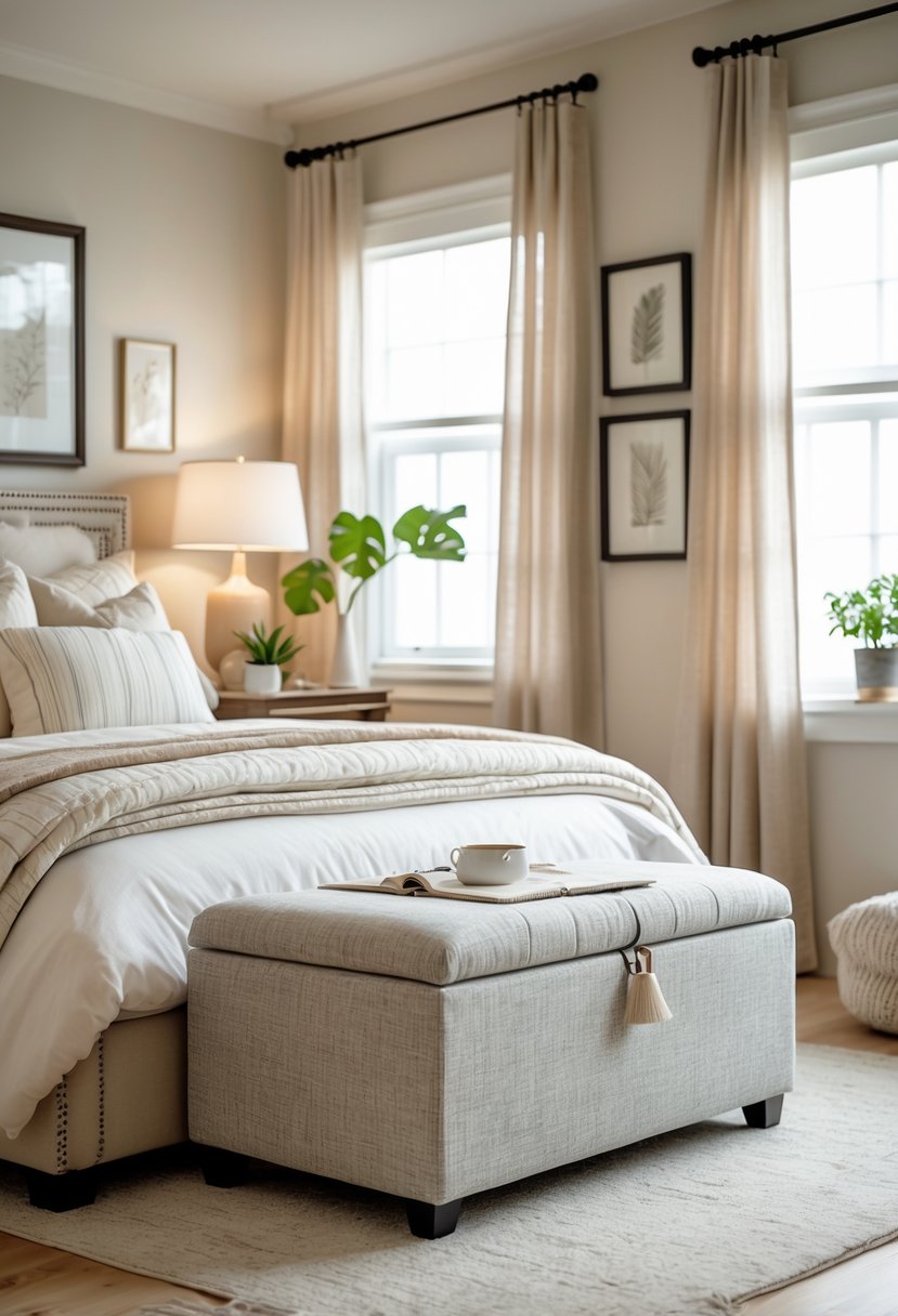 A cozy bedroom with a fabric-covered storage ottoman at the foot of the bed, soft bedding, and warm natural light.