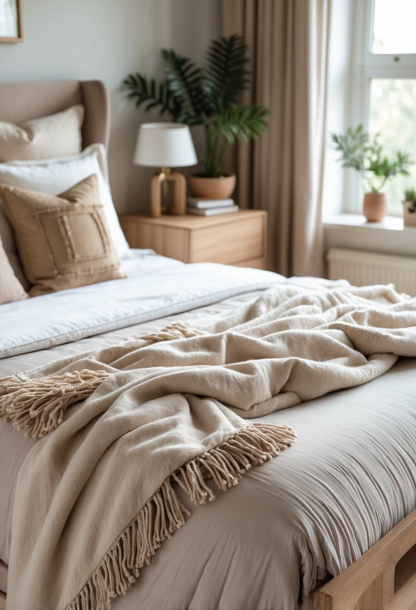A cozy bedroom with a neatly made bed featuring a soft throw blanket with tasseled edges, warm pillows, and a wooden nightstand with a lamp.