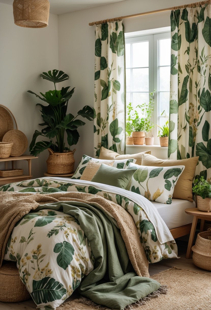 A cozy bedroom with leaf and floral prints on bedding and curtains, wooden furniture, potted plants, and soft natural lighting.