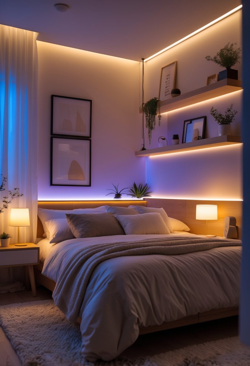 A cozy bedroom with a comfortable bed and adjustable smart lighting creating a warm and relaxing atmosphere.