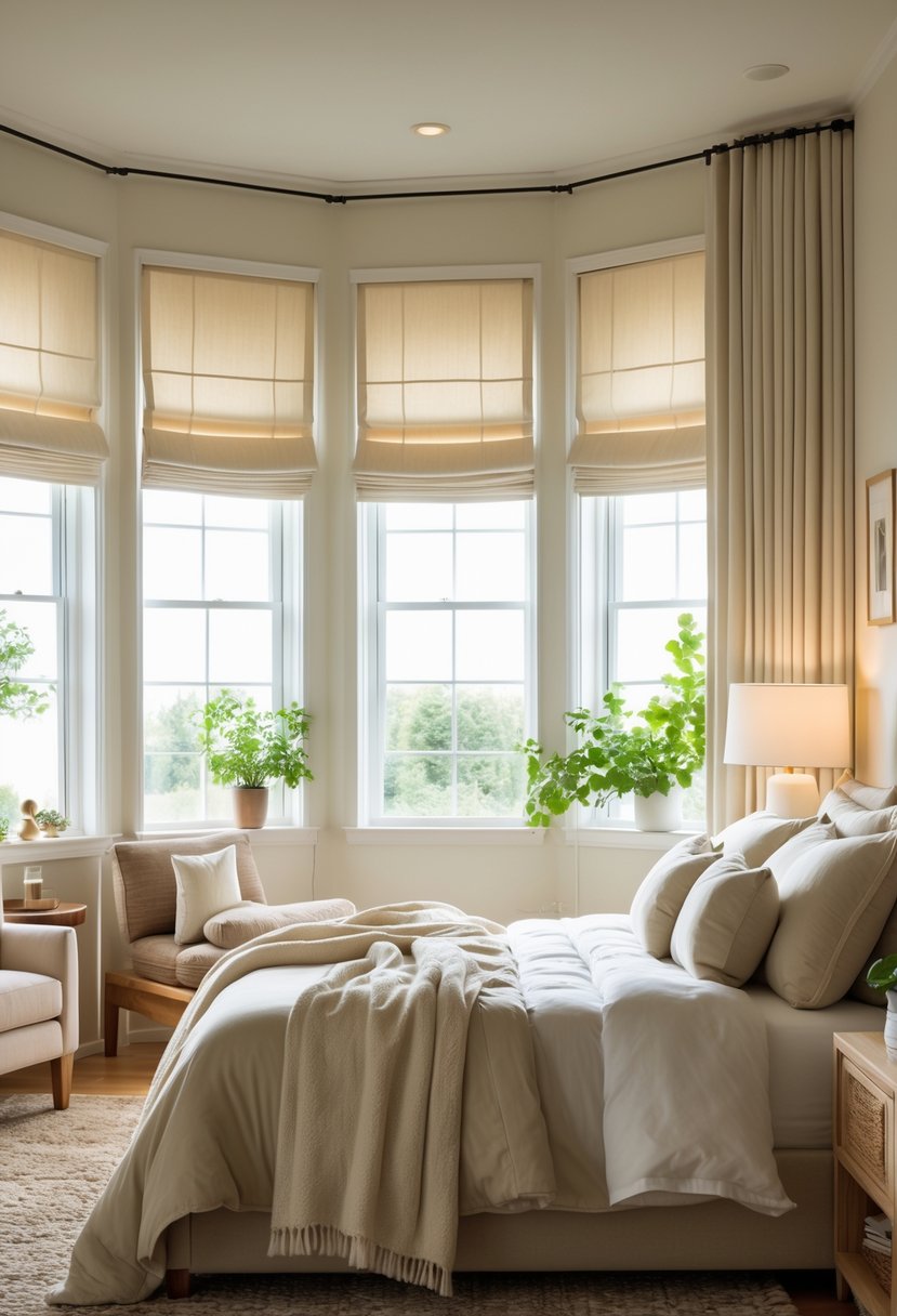 A cozy bedroom with blackout shades covering the windows, a neatly made bed with pillows and blankets, a nightstand with a lamp and plant, and soft lighting creating a peaceful atmosphere.