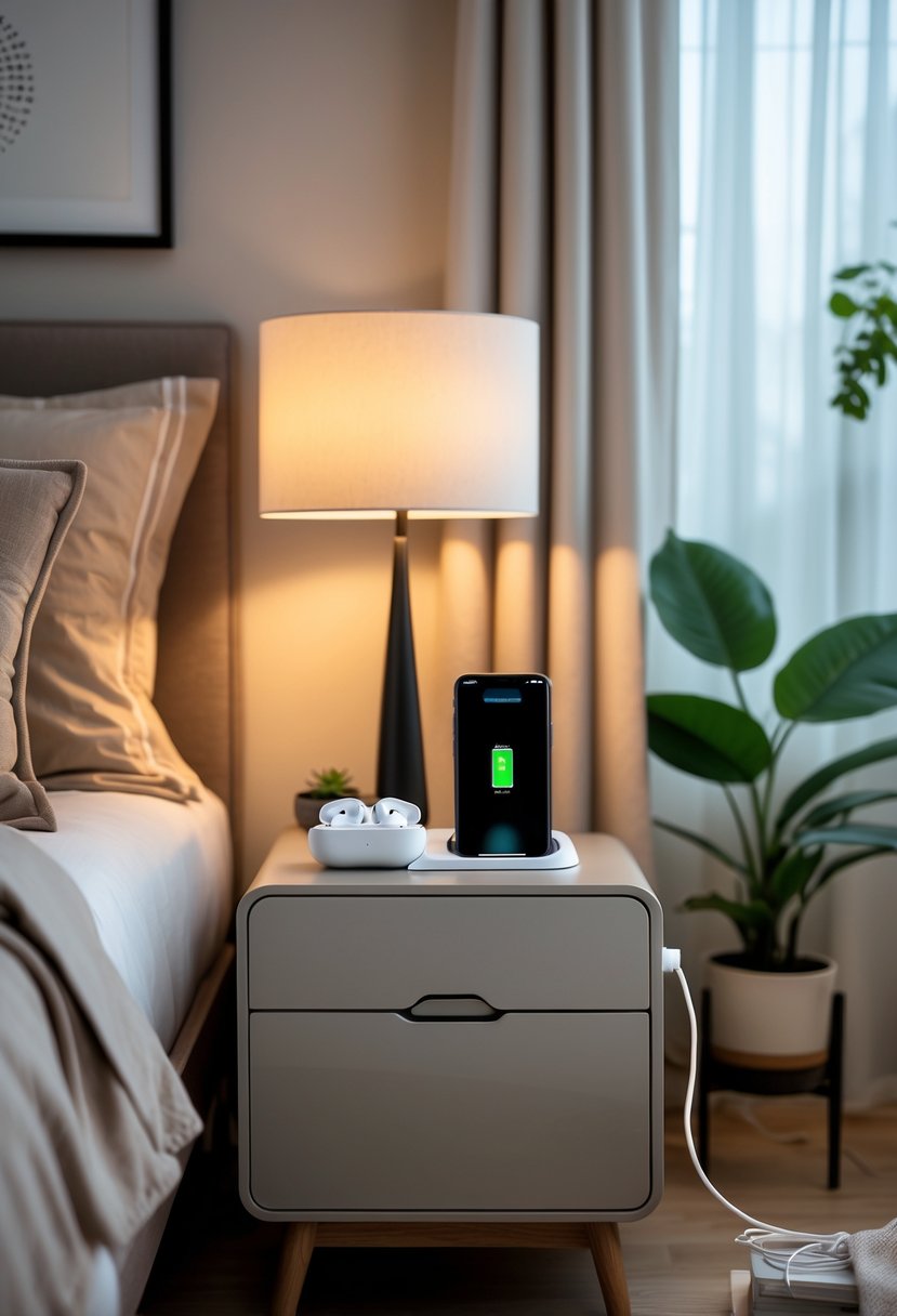 A cozy bedroom with a neatly made bed, a nightstand featuring a bedside charging station with a smartphone, a lamp, and soft natural light coming through a window.