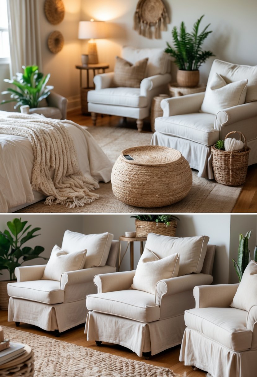 A cozy bedroom with several chairs covered in soft slipcovers, warm lighting, plush bedding, and decorative plants.