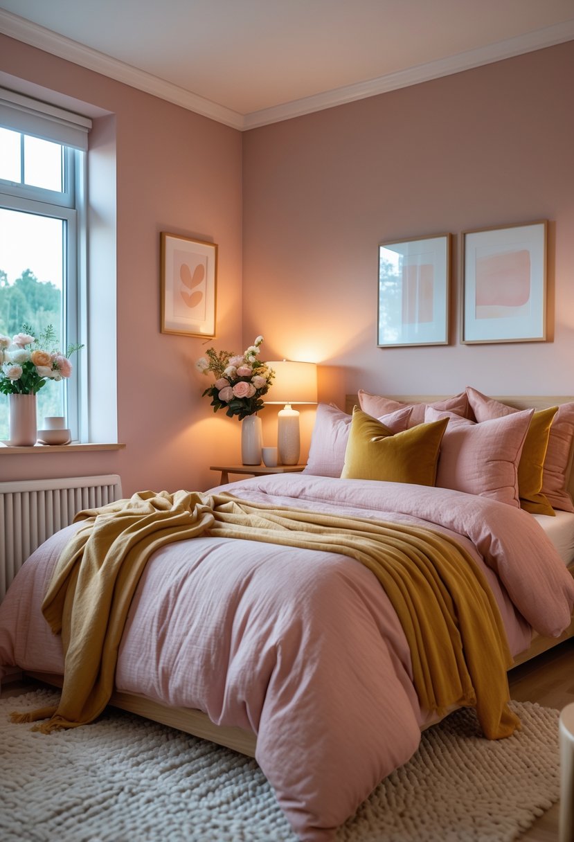 A cozy bedroom with a neatly made bed, blush pink and muted mustard pillows, warm lighting, wooden furniture, and natural light coming through large windows.
